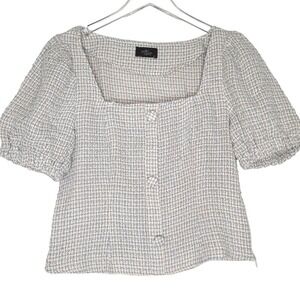 Milk & Honey Tweed Boho Cottage Top Peasant Blue White Tan Coquette‎ L